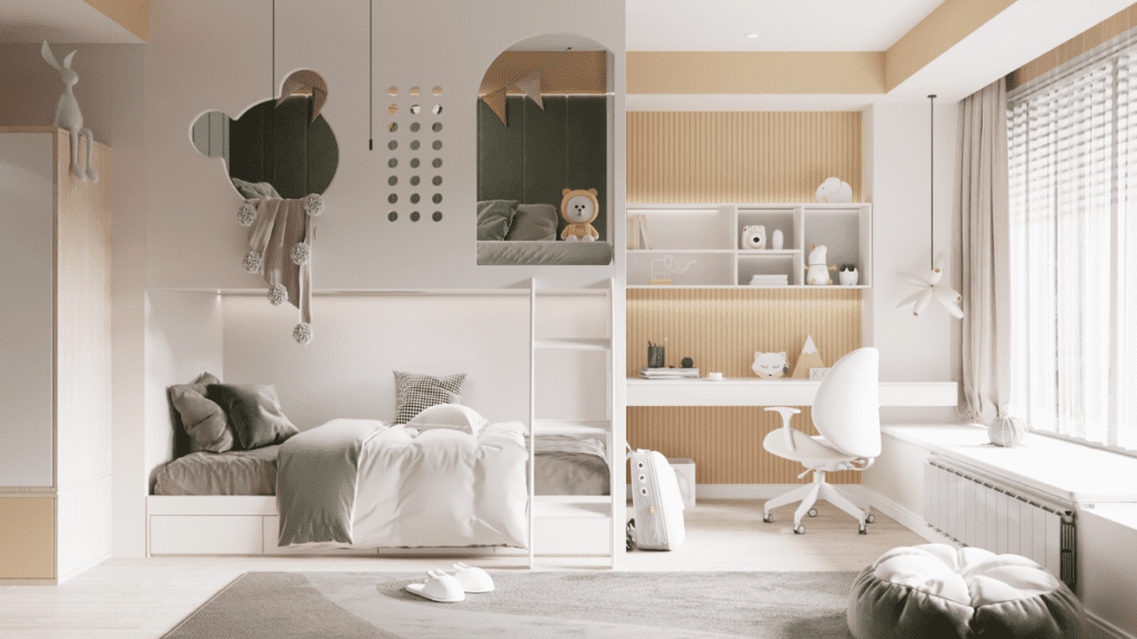 Chambre d'enfants moderne avec lit supperposé et espace bureau