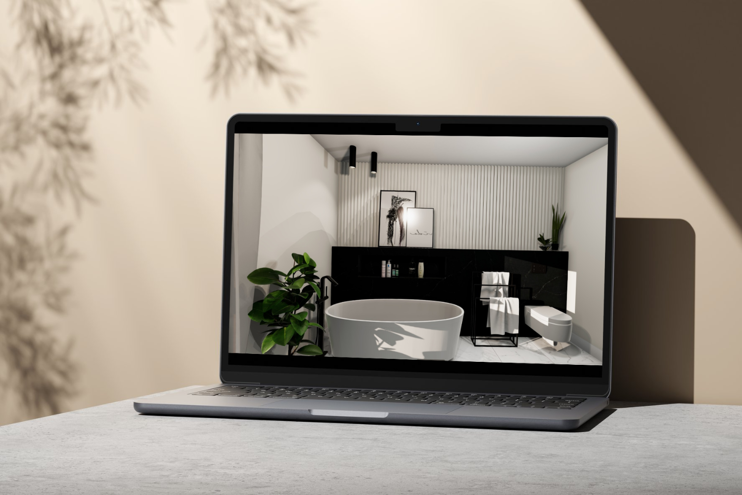 plan 3d d'une salle de bain moderne dans un laptop