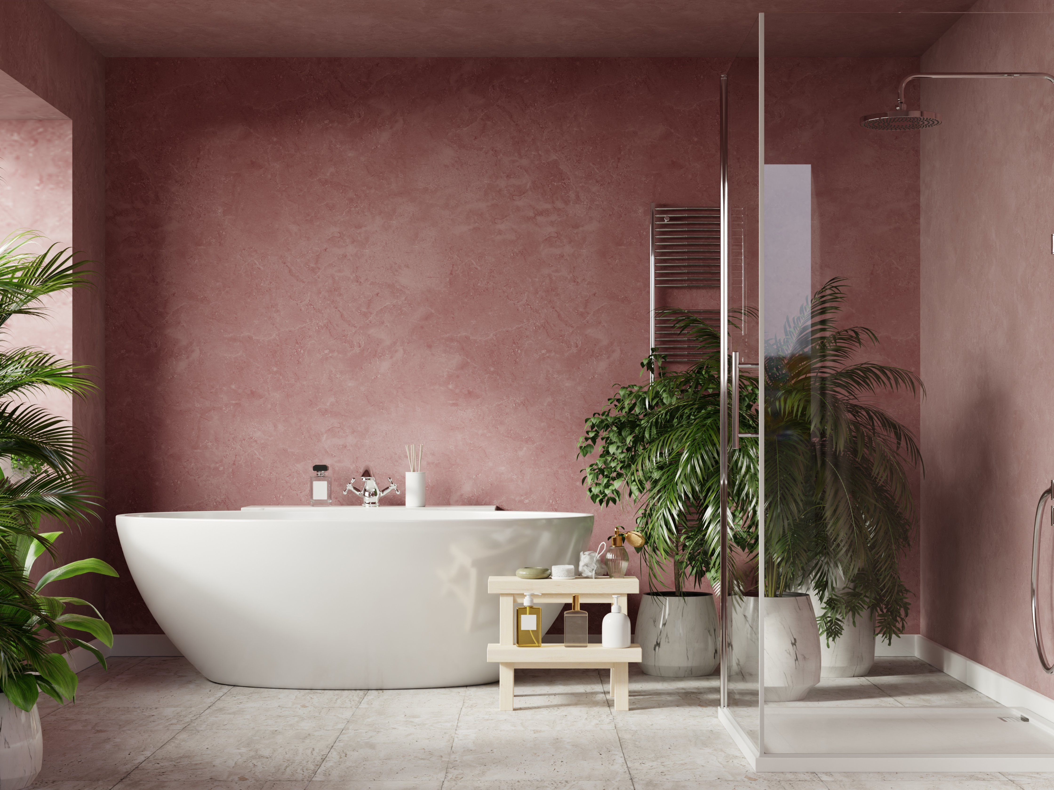 salle de bain avec mur mauve, baignoire blanche et plantes