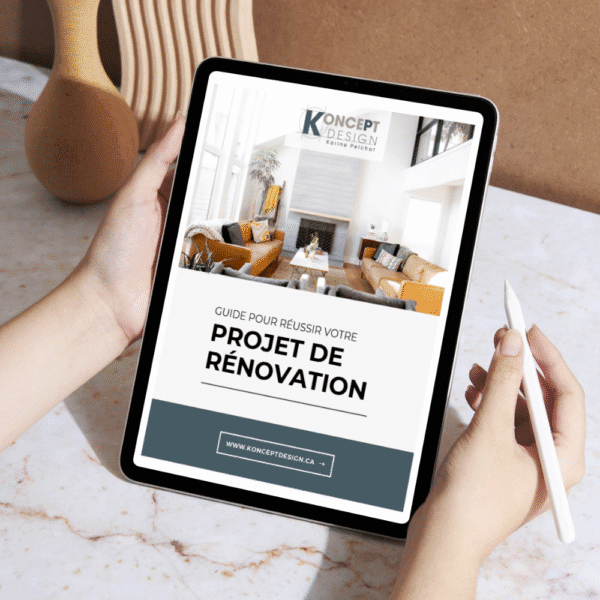 Tablette mobile avec guide pour projet de rénovations et photo de design intérieur