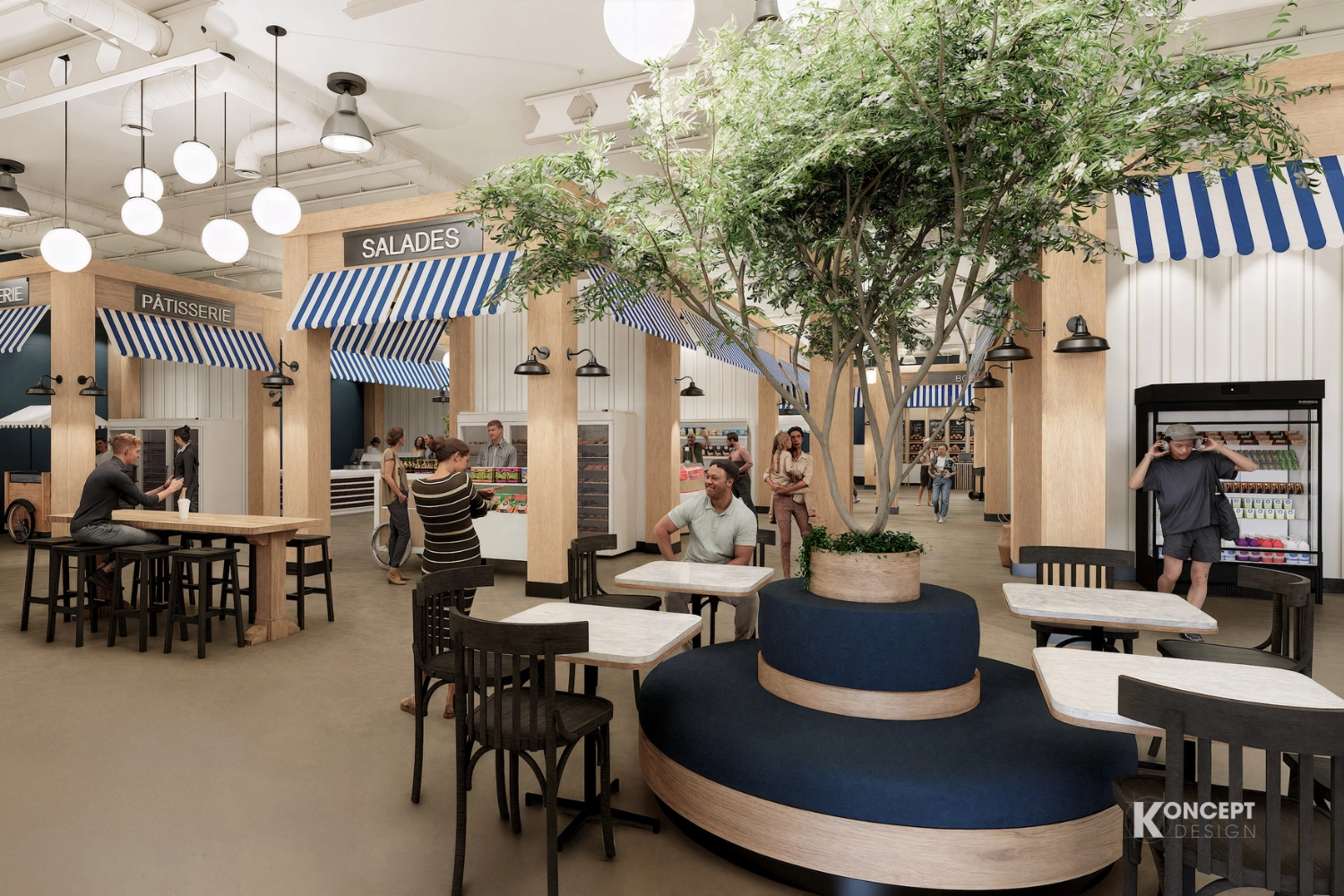 marché intérieur avec kiosques et blancs, visiteurs qui se promènent entre les rangées