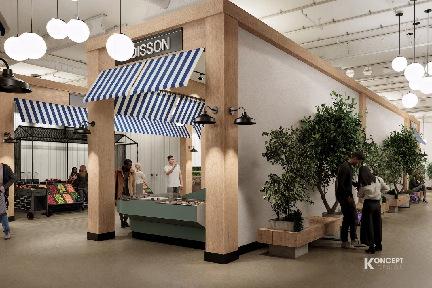 marché intérieur avec kiosques et blancs, visiteurs qui se promènent entre les rangées