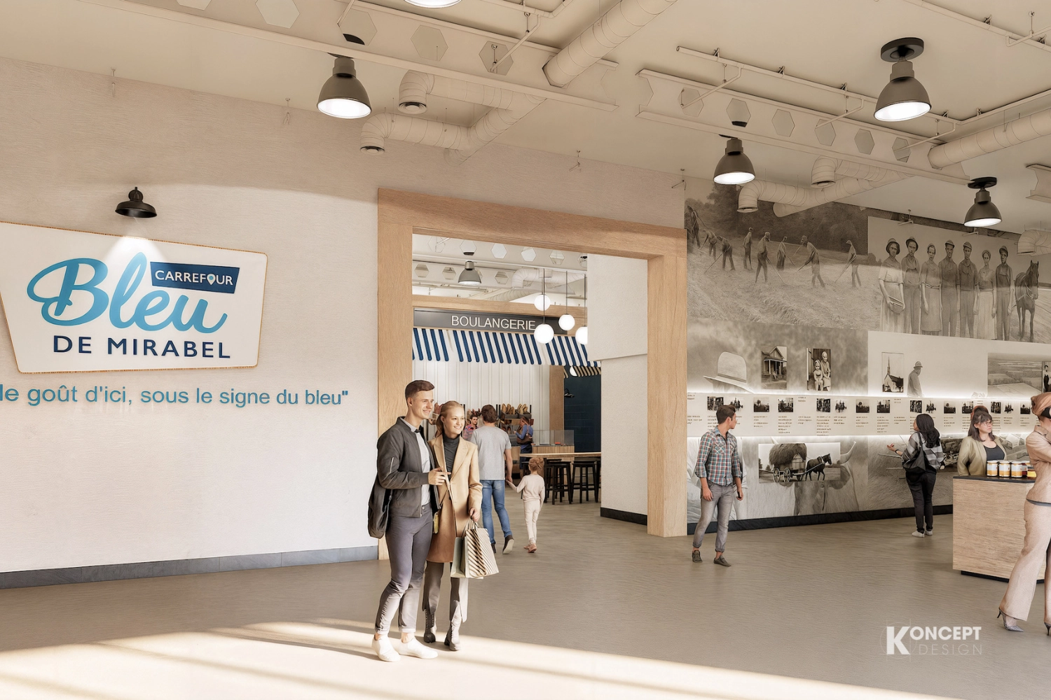 marché intérieur avec kiosques et blancs, visiteurs qui se promènent entre les rangées